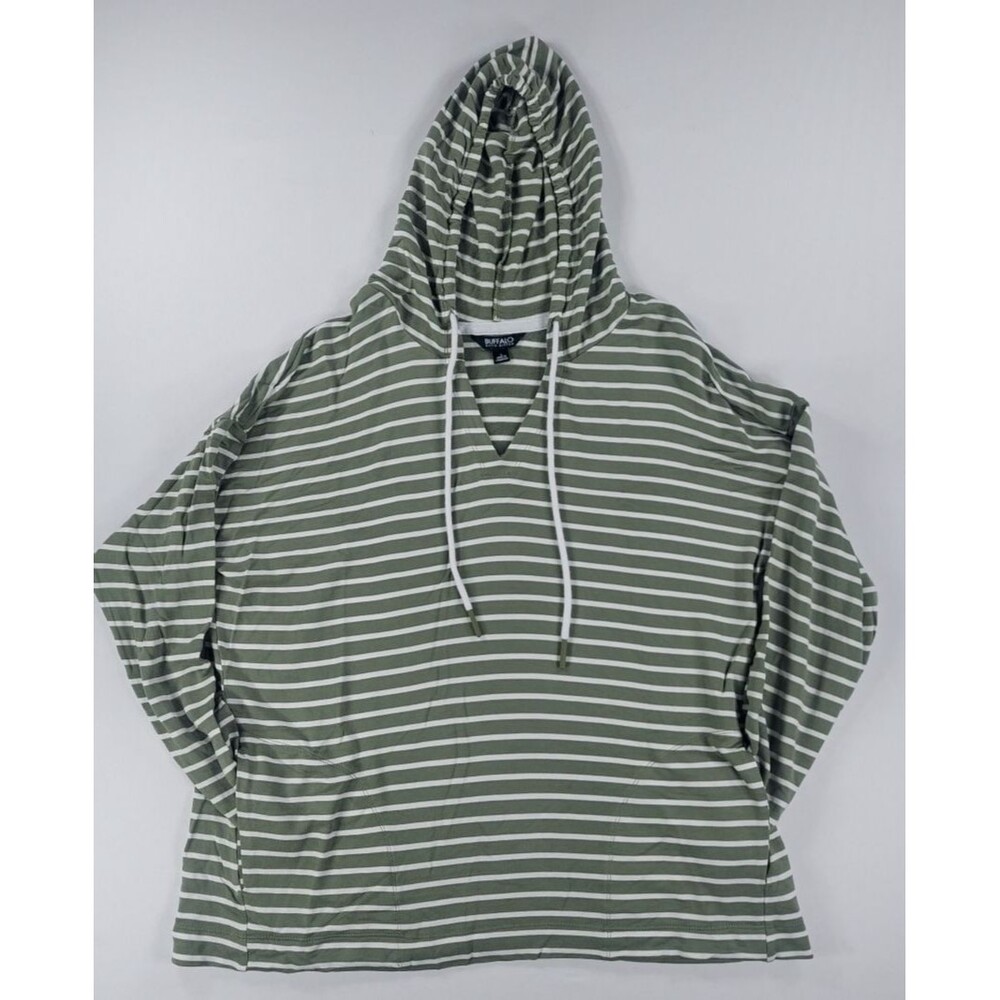 Buffalo David Bitton Striped Hoodie Women L Knit Pullover V-Neck Green White